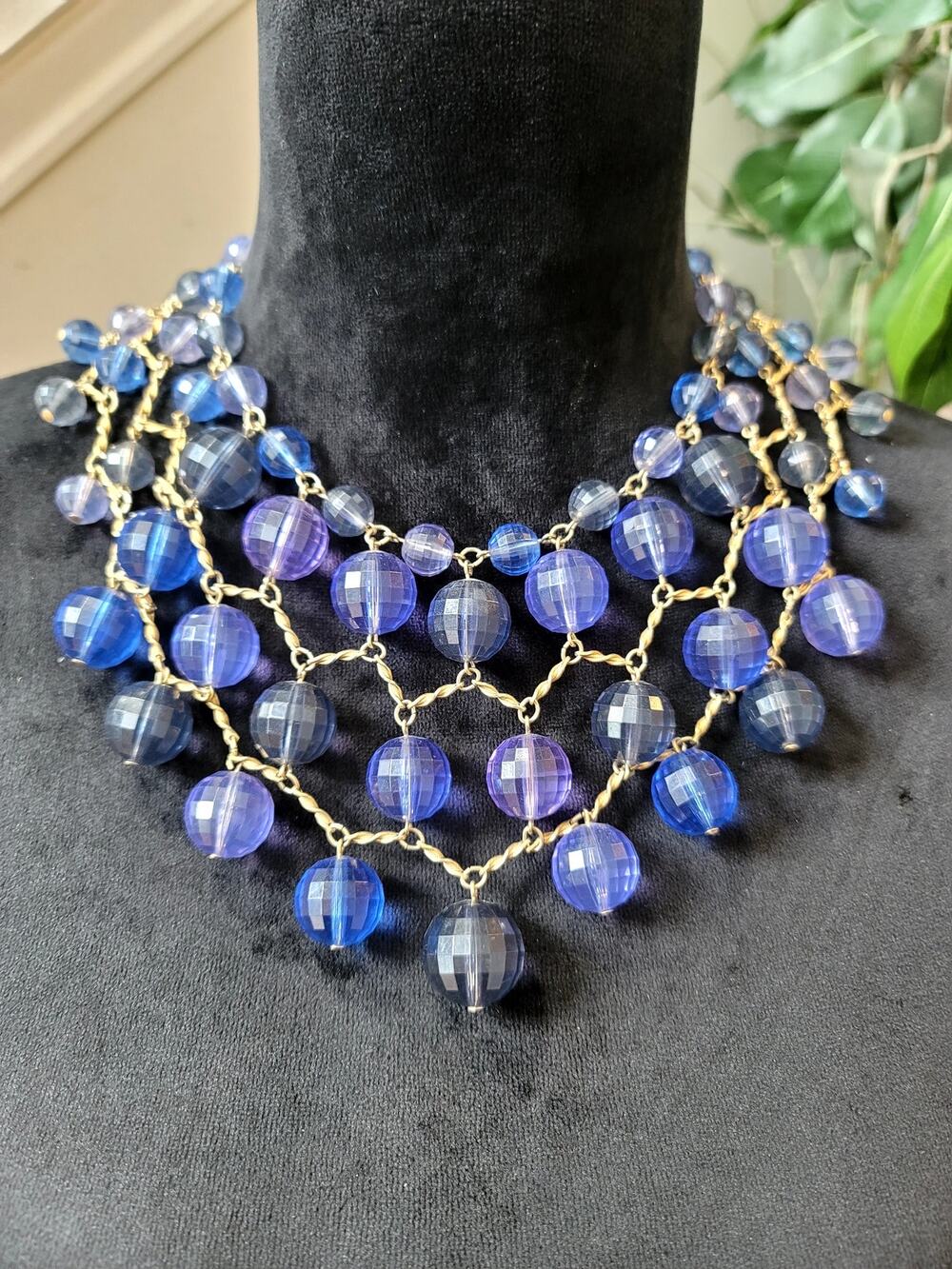 Blue Purple Beaded Gold Tone Bib Statement Necklace
